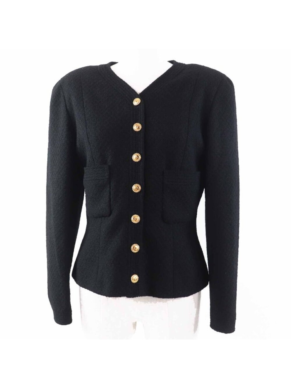 Chanel Vintage Wool Back Silk CC Logo Gold Button Collarless Single Color